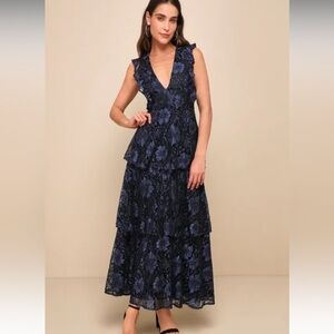 NWT Lulus Molinetto Navy Blue Lace Ruffled Tiered Sleeveless Maxi Dress XS